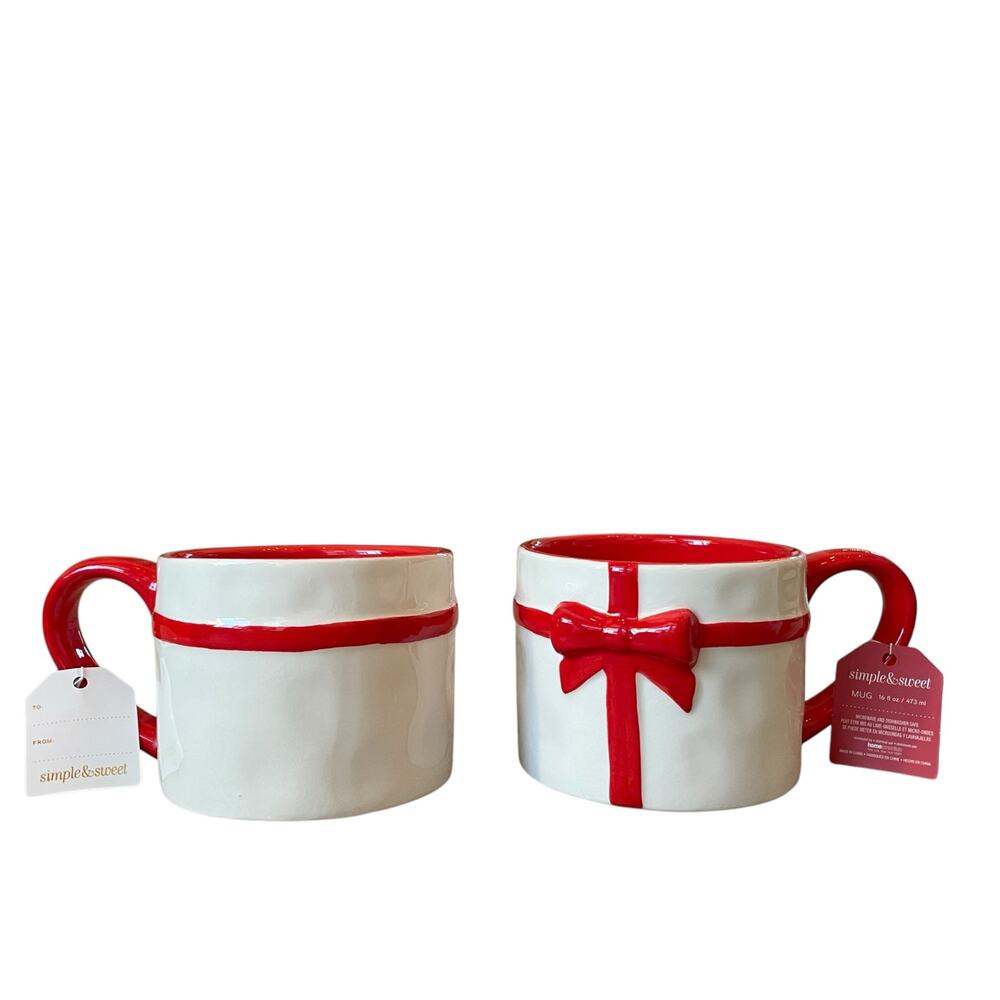 Set of 2 Red Bow Gift Wrapped Mugs 16oz White Ceramic by Global Design NEW